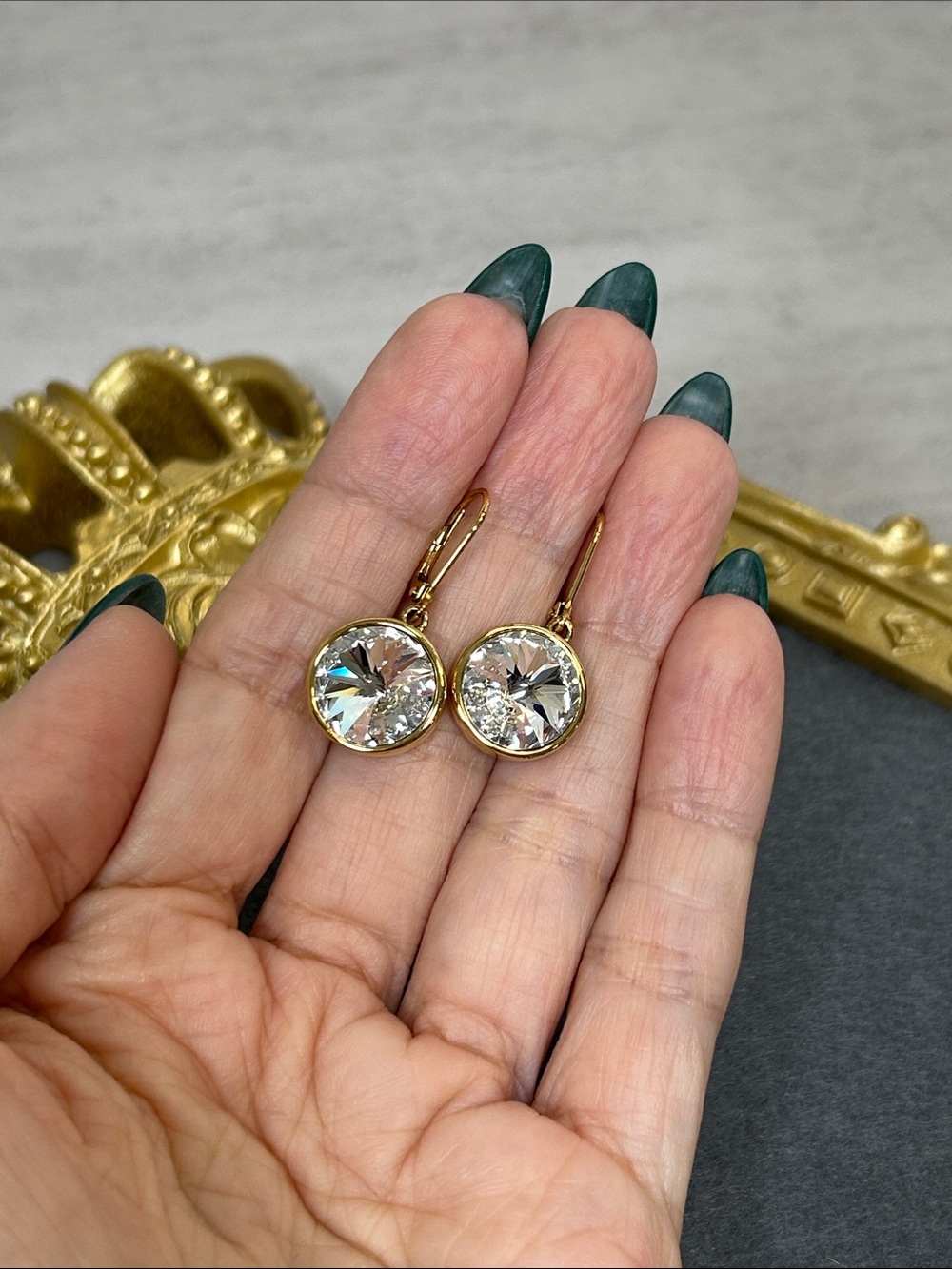 Touchstone Crystal Gold Drop Swarovski Earrings with Clear Rivoli Crystals